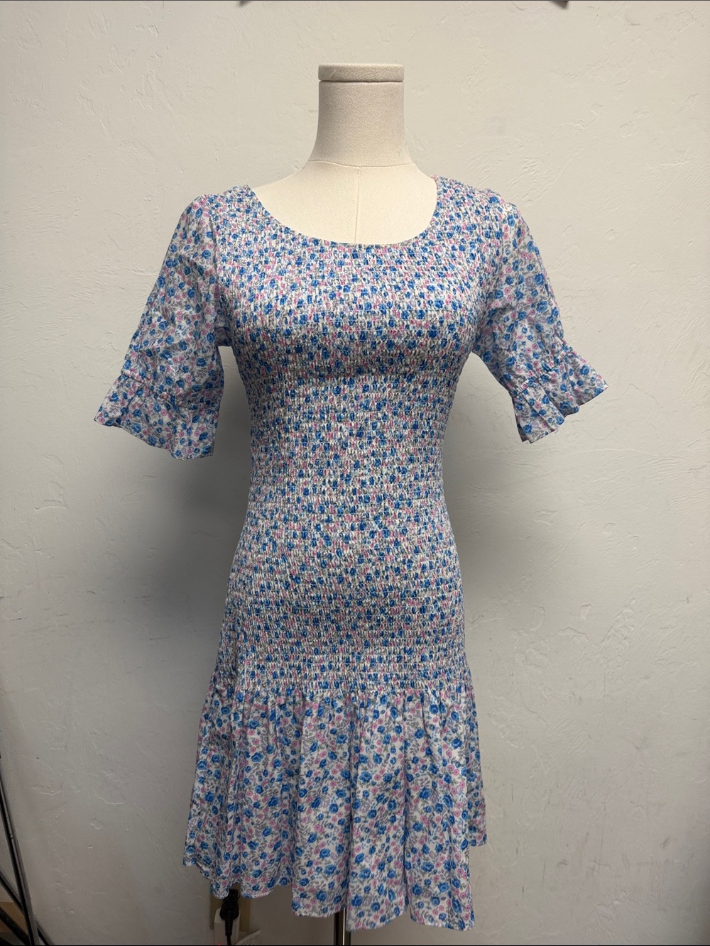 Women's Love Shack Fancy Blue Floral Smocked Midi Dress